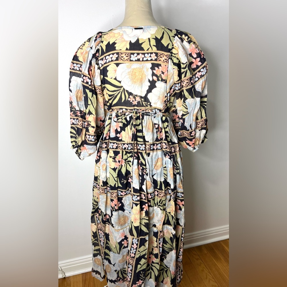 Billabong Floral Midi Dress Puff Sleeves Tie Back Pockets Lined Boho  SZ S EUC - Picture 5 of 8